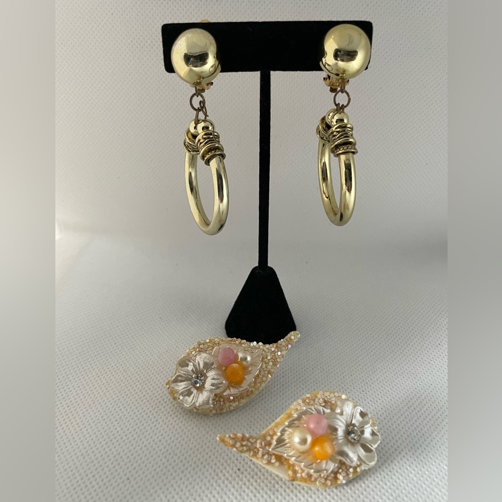 2 pairs- Gold tone hoop dangling, flower leaf shape clip on earrings